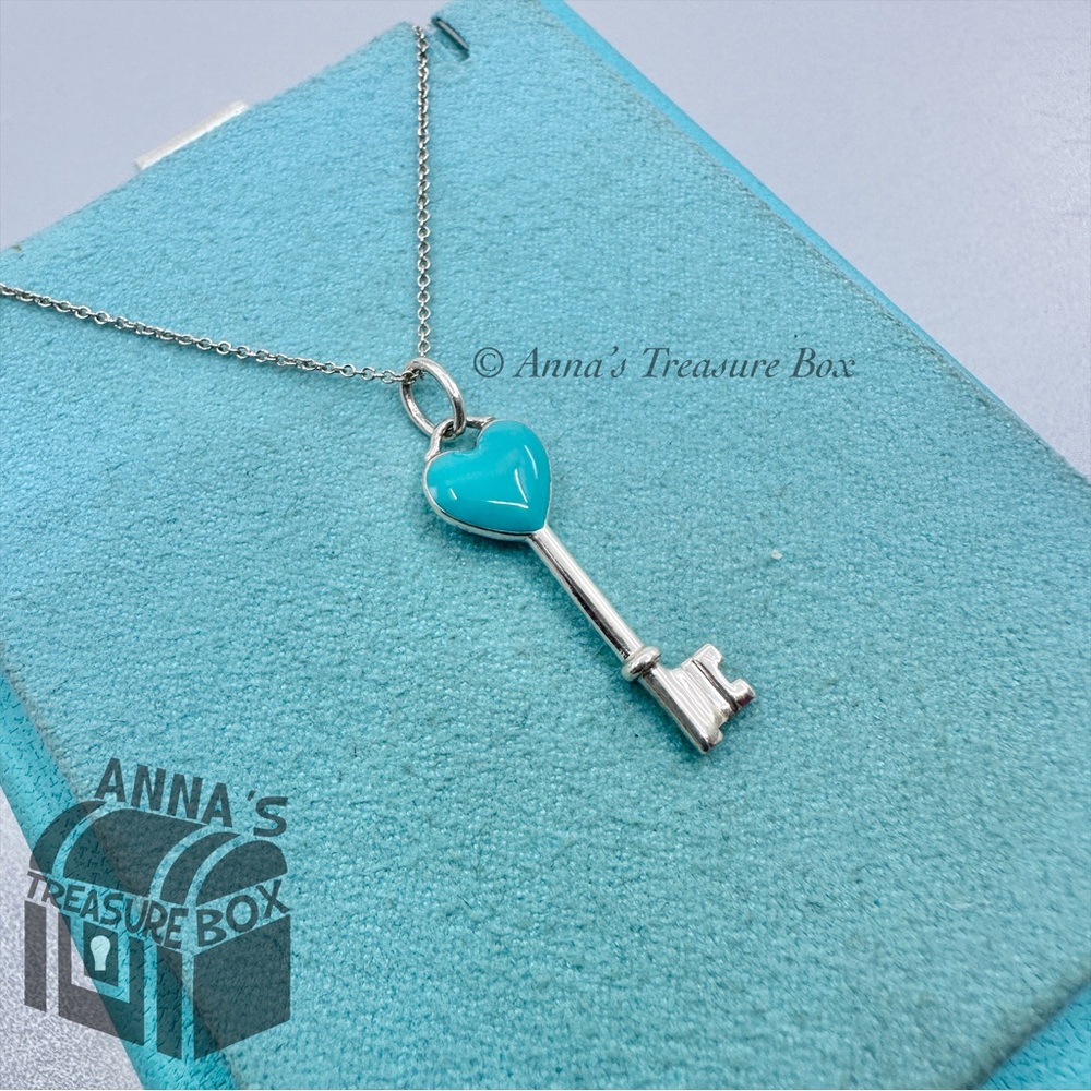 Tiffany & Co. 925 Silver Blue Enamel "Key To My Heart" 16" Necklace (pouch)